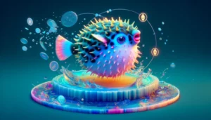3D animated representation of a Puffer fish swimming in an Ethereum liquidity pool.